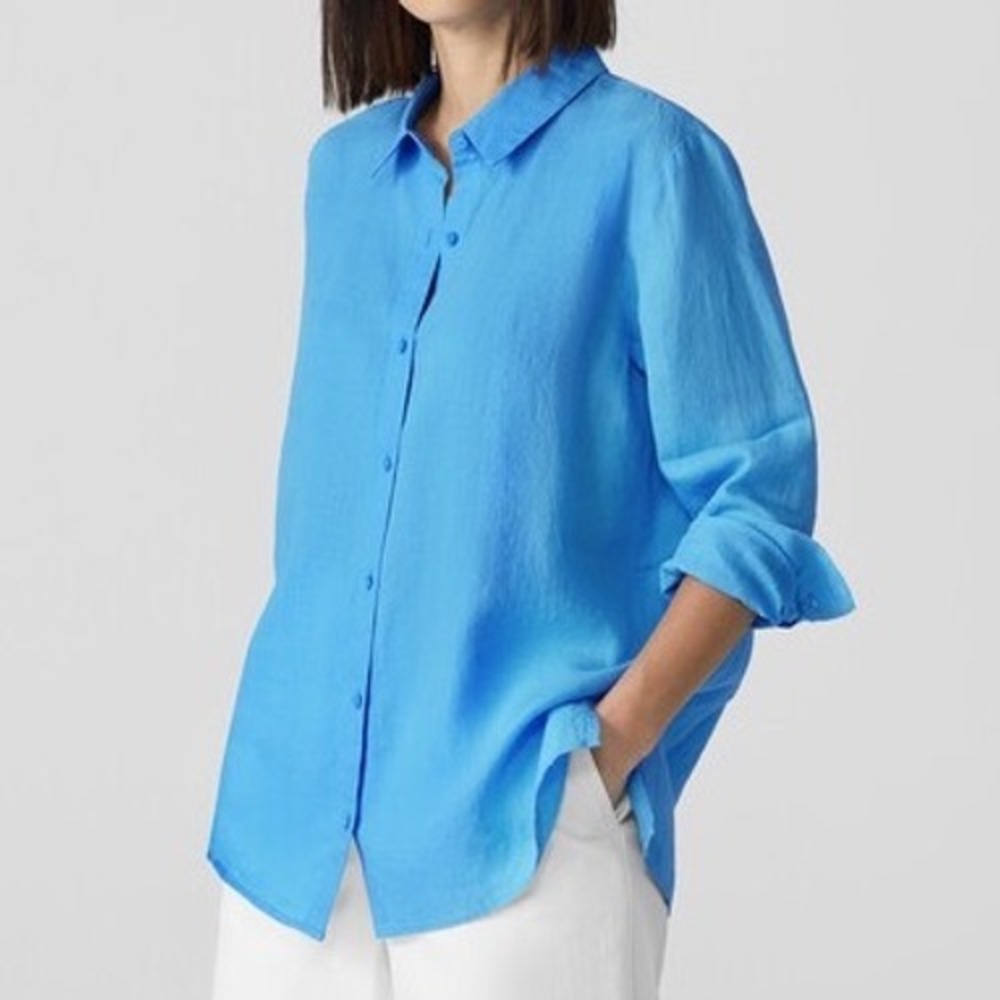 Eileen Fisher Organic Linen Button Up Shirt Azure Blue Long Sleeve size Large